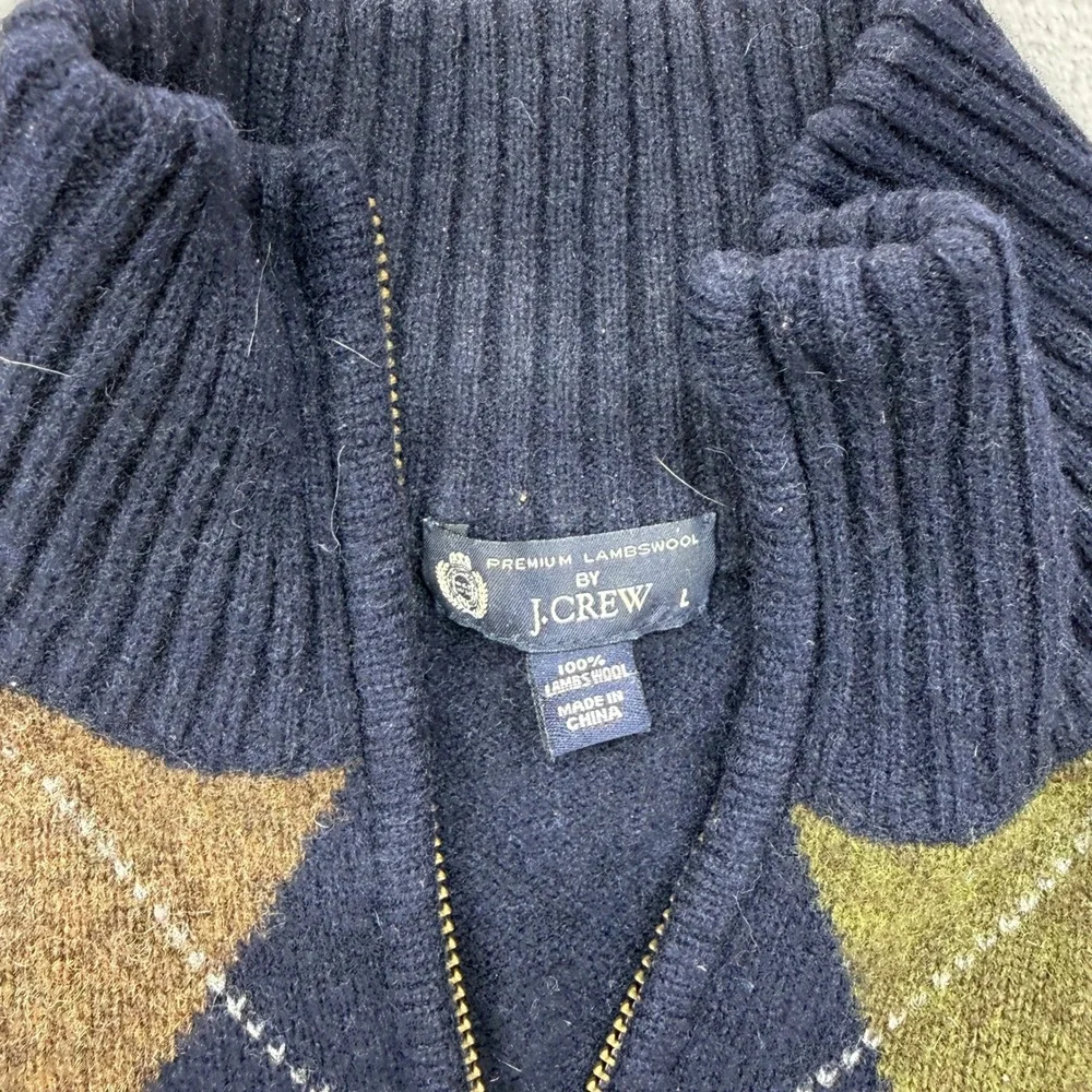 J. Crew Sweater Mens Large Navy Argyle 100% Lambswool Quarter Zip Elbow Patches